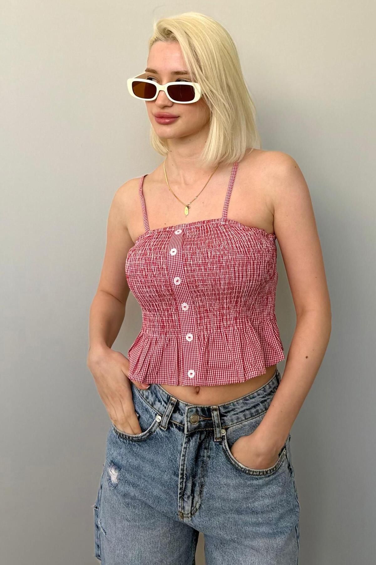 Madmext Kırmızı Ayarlanabilir Askı Pötikareli Crop Mg2371