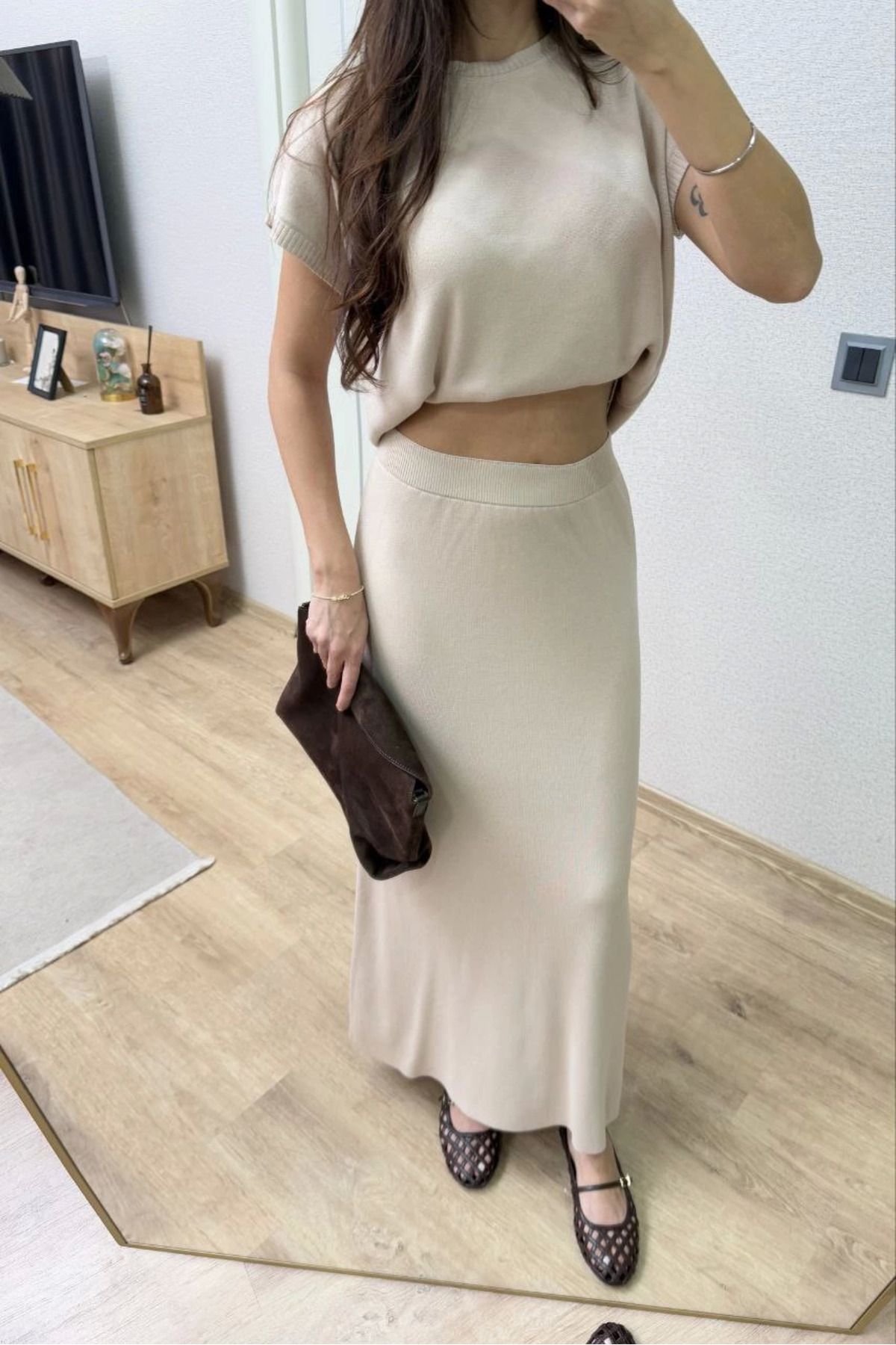 Pink Stil Bisiklet Yaka Bluz Uzun Etekli ikili Takım Triko - Beyaz