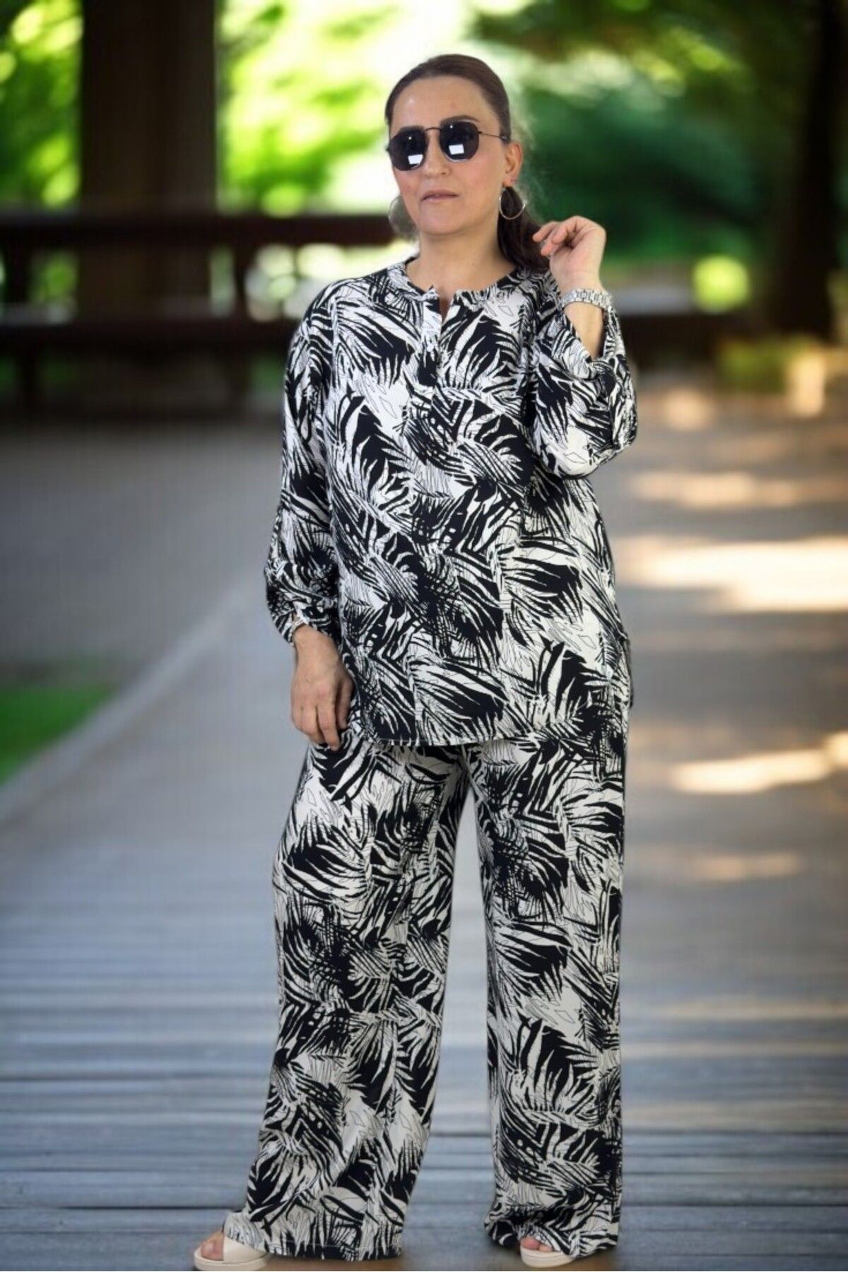 yagmurberen-Palm Print Front Half Buttoned Judge Collar Bluzel Belt Elastic Waist Trousers Large Size Double Set 3