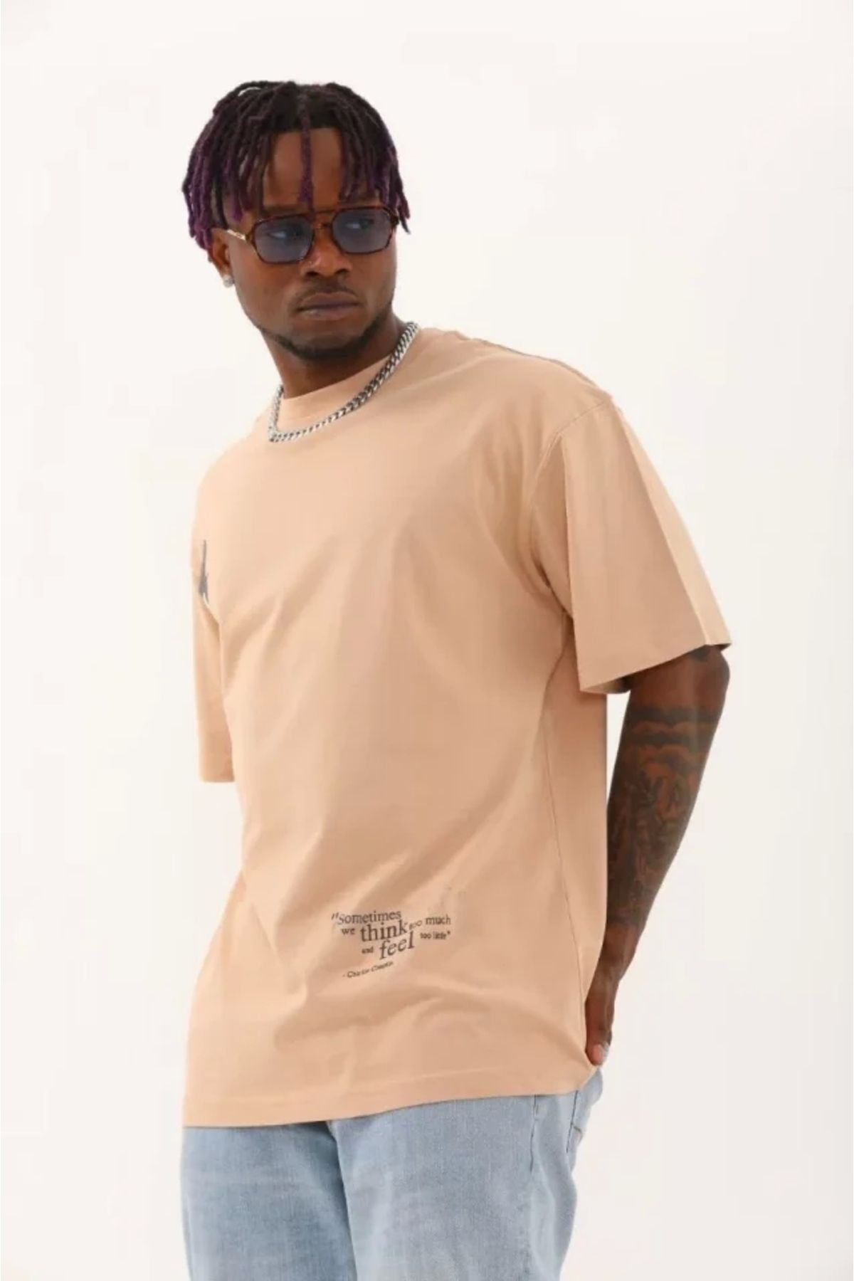 Silerra Unisex Oversize Baskılı Bisiklet Yaka T-Shirt - Bej