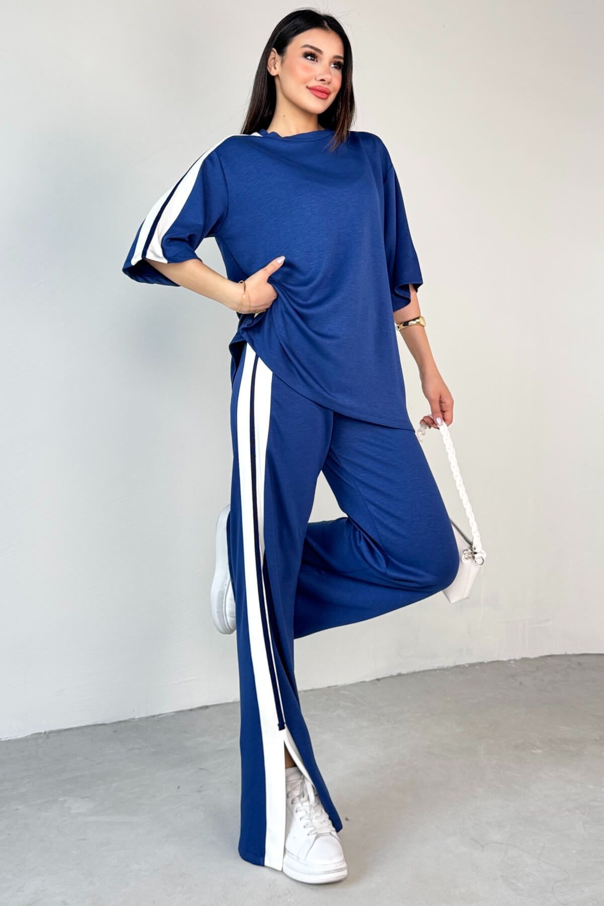 Cappmoda TKM-13298 Lacivert Modal Kumaş Renk Bloklu Oversize Üst & Salaş Pantolon İkili Takım