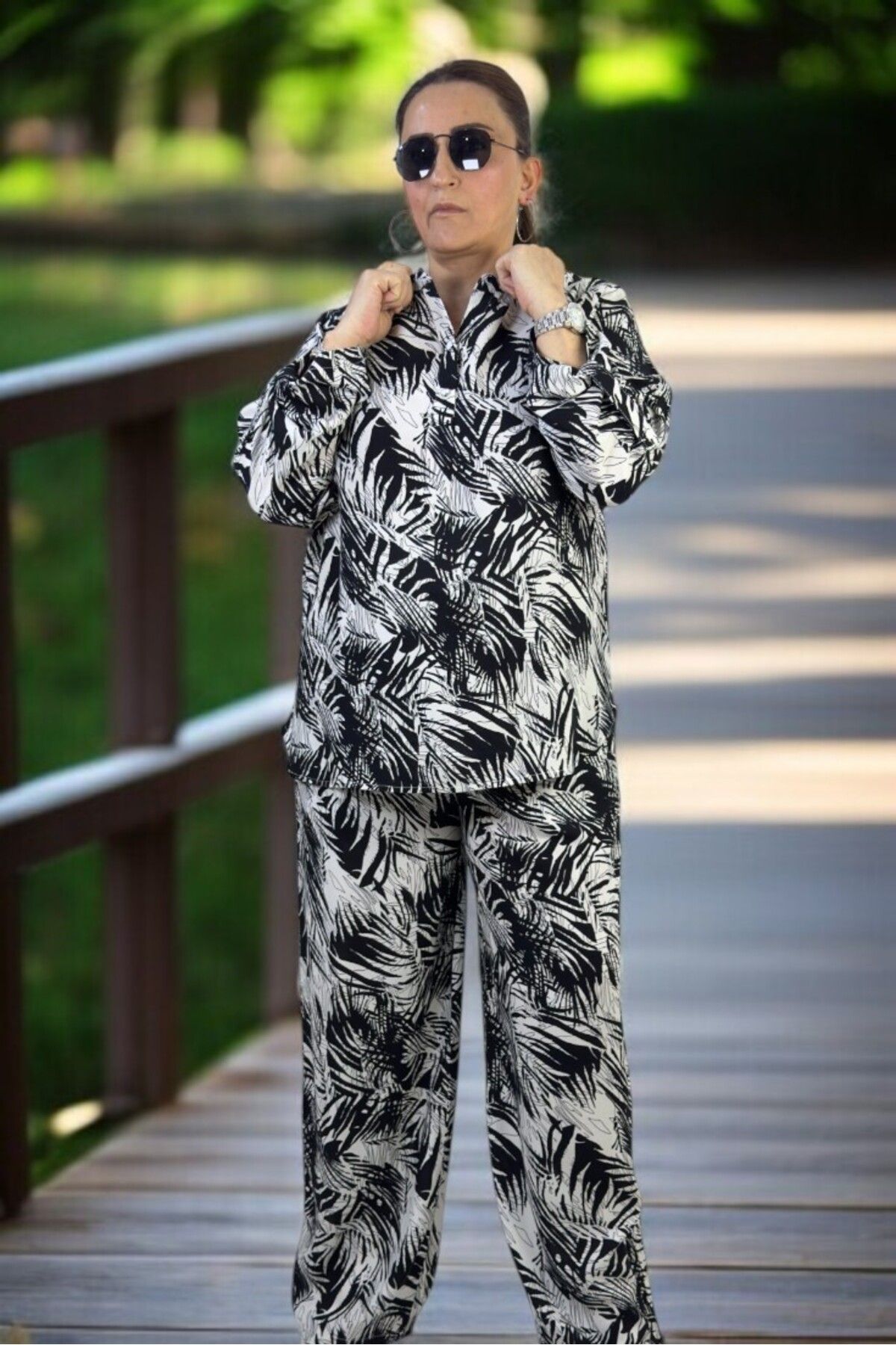 yagmurberen-Palm Print Front Half Buttoned Judge Collar Bluzel Belt Elastic Waist Trousers Large Size Double Set 6