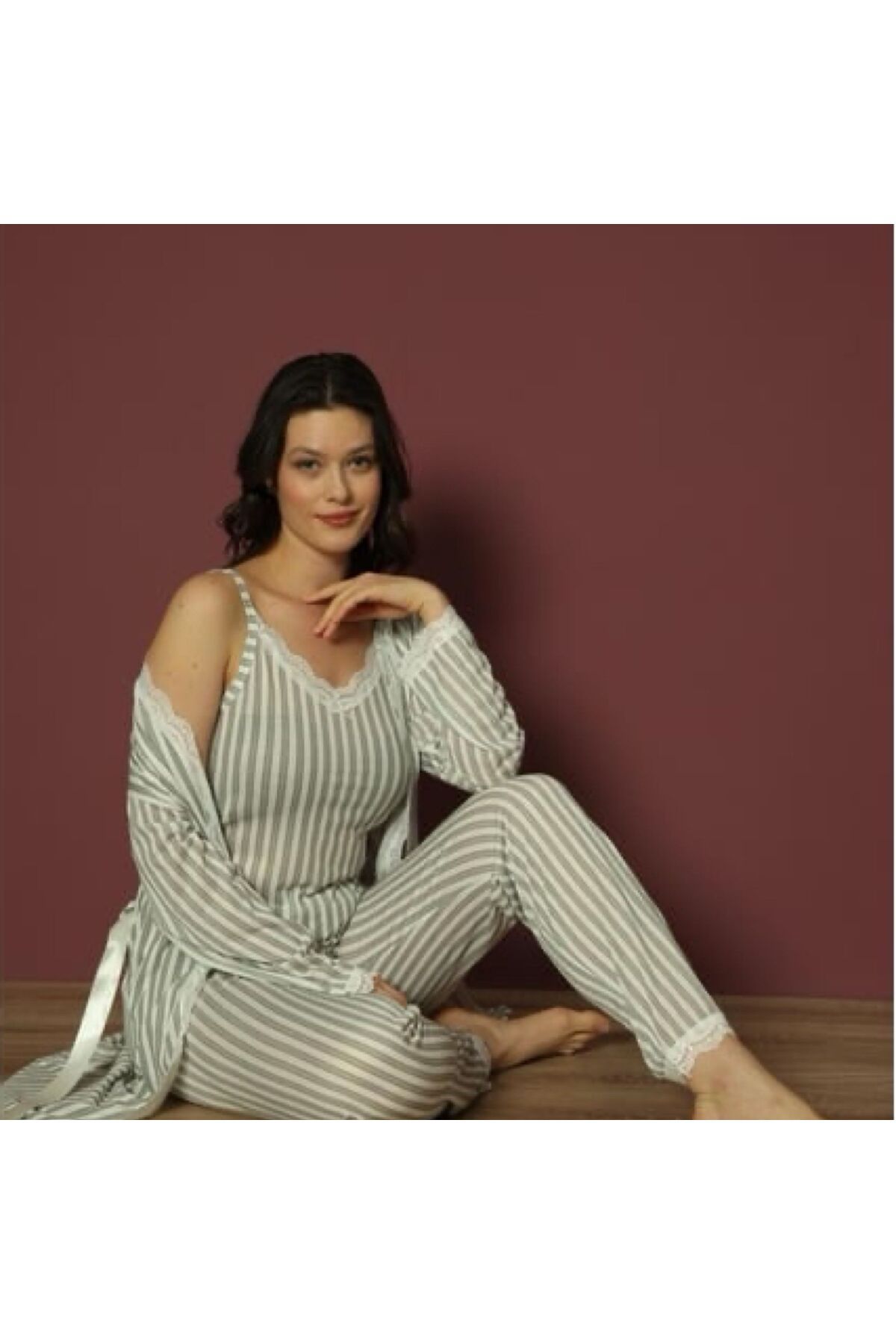 GOOD NİGHT Kadın Çizgili 3 Parça Sabahlık, İp Askı Pijama Takımı