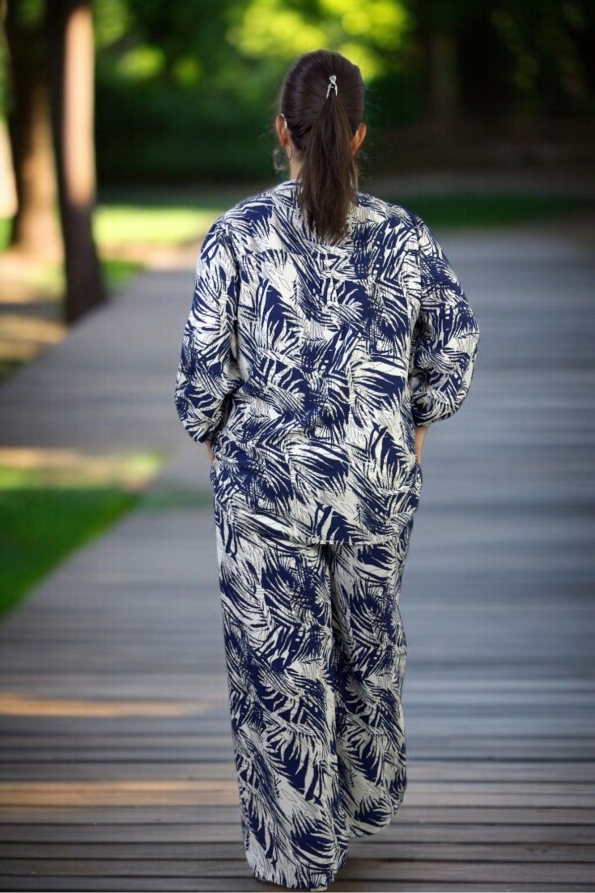 yagmurberen-Palm Print Front Half Buttoned Judge Collar Bluzel Belt Elastic Waist Trousers Large Size Double Set 4