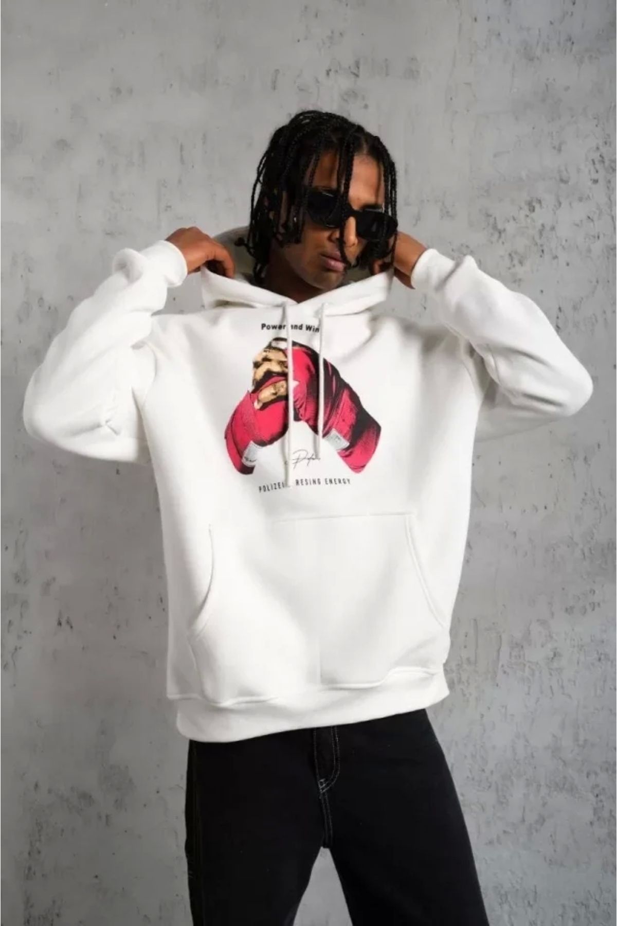 Silerra Erkek Eldiven Baskılı Kapüşonlu Sweat - Beyaz