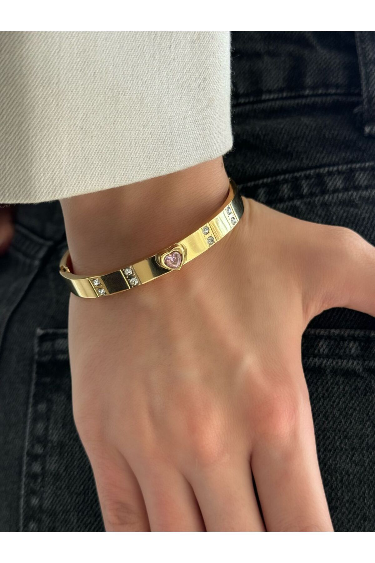 h&b design jewel Çelik Pembe Kalpli Kelepçe Bileklik