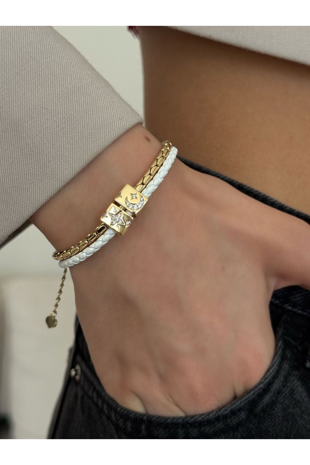h&b design jewel Çelik Deri Detay Tasarım Bileklik