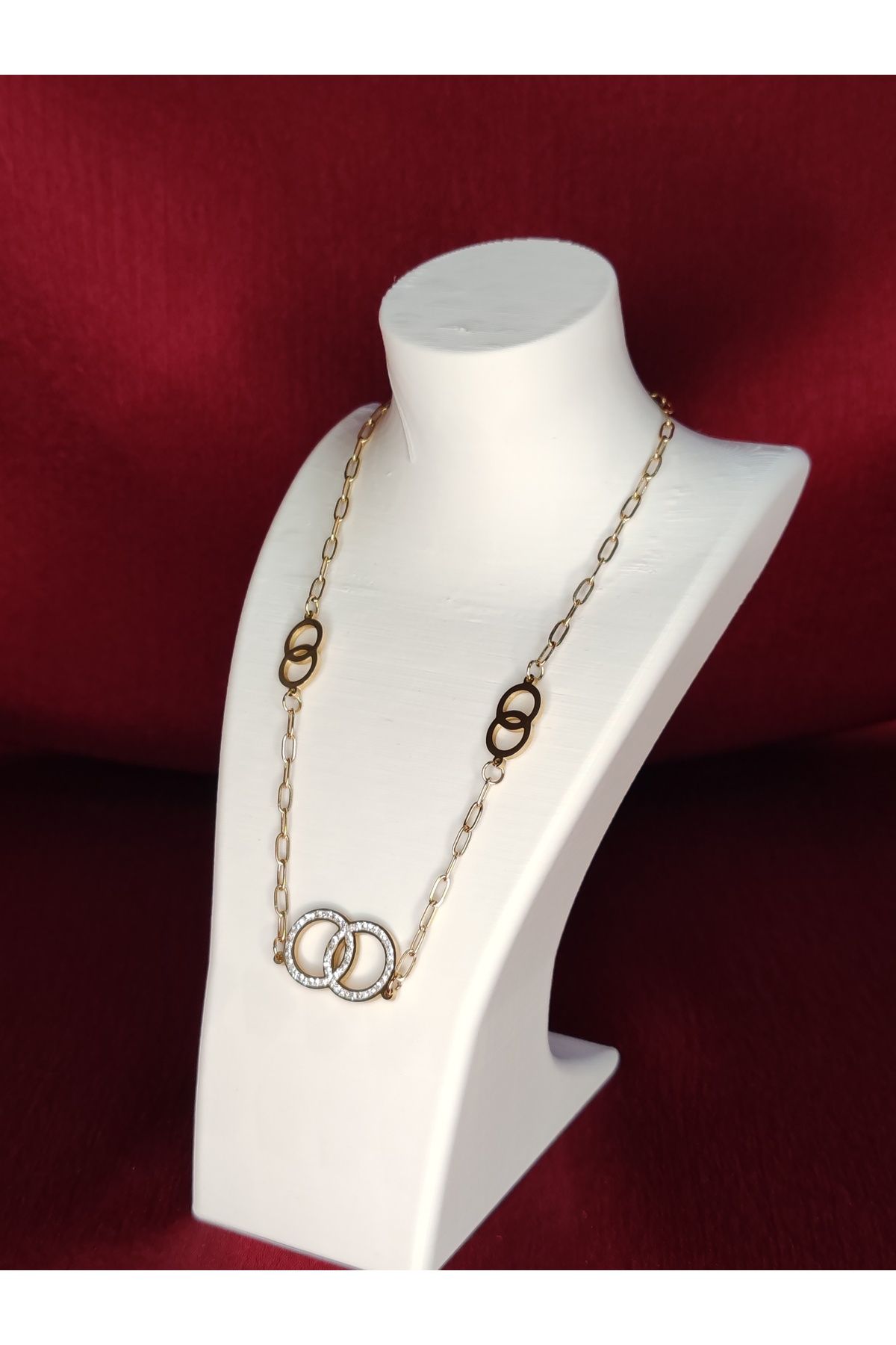 YK JEWELRY Paslanmaz Çelik Gold - Zincir Detaylı Çift Halka Kolye