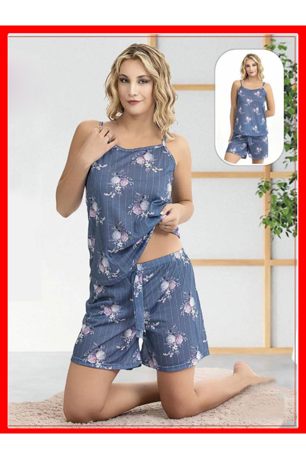 FırFır Store Mavi Beyaz Çizgili Çiçek Desenli Askılı Şort Pijama Takımı