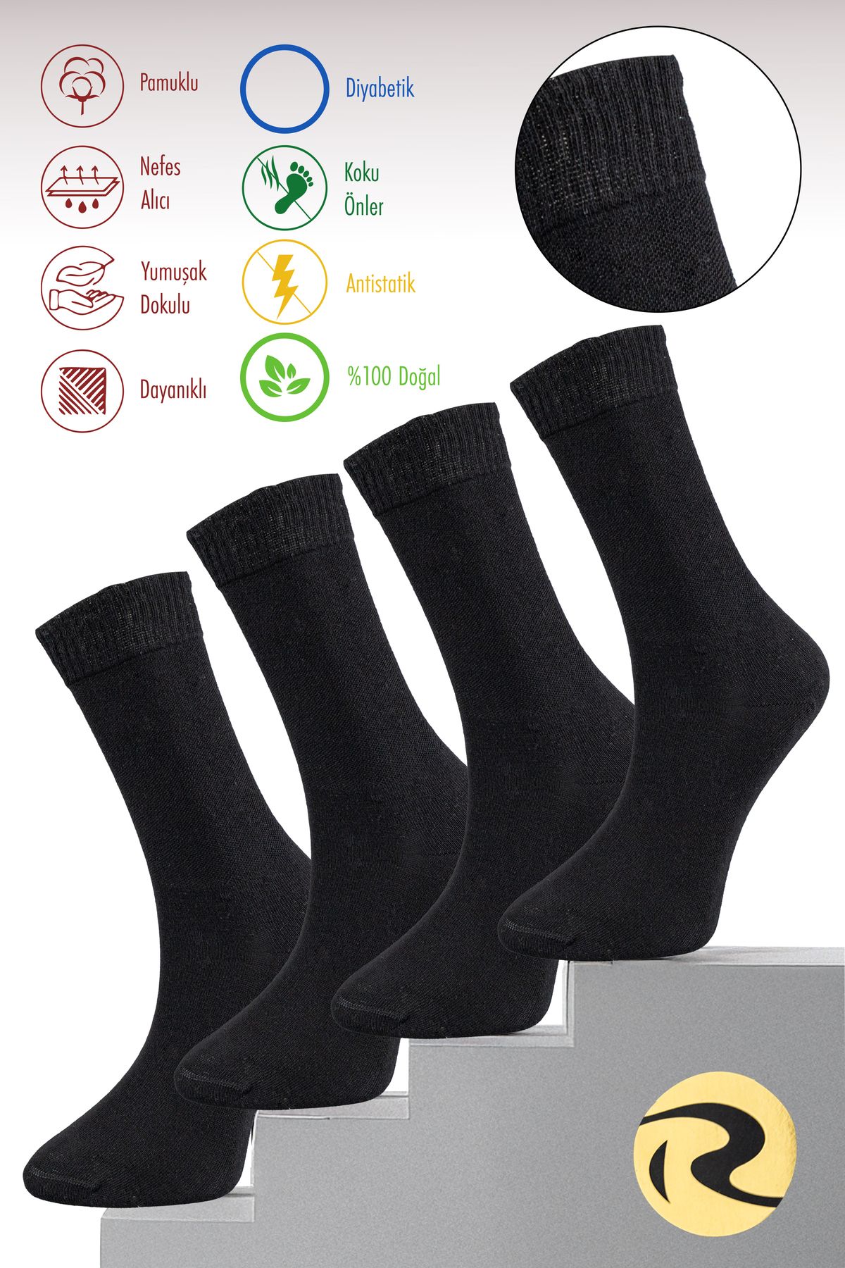 Roff Pamuk Kadın Diyabetik Siyah Soket Dikişsiz Premium Çorap 4'lü Paket / İz Bırakmaz/Sıkmayan Çorap