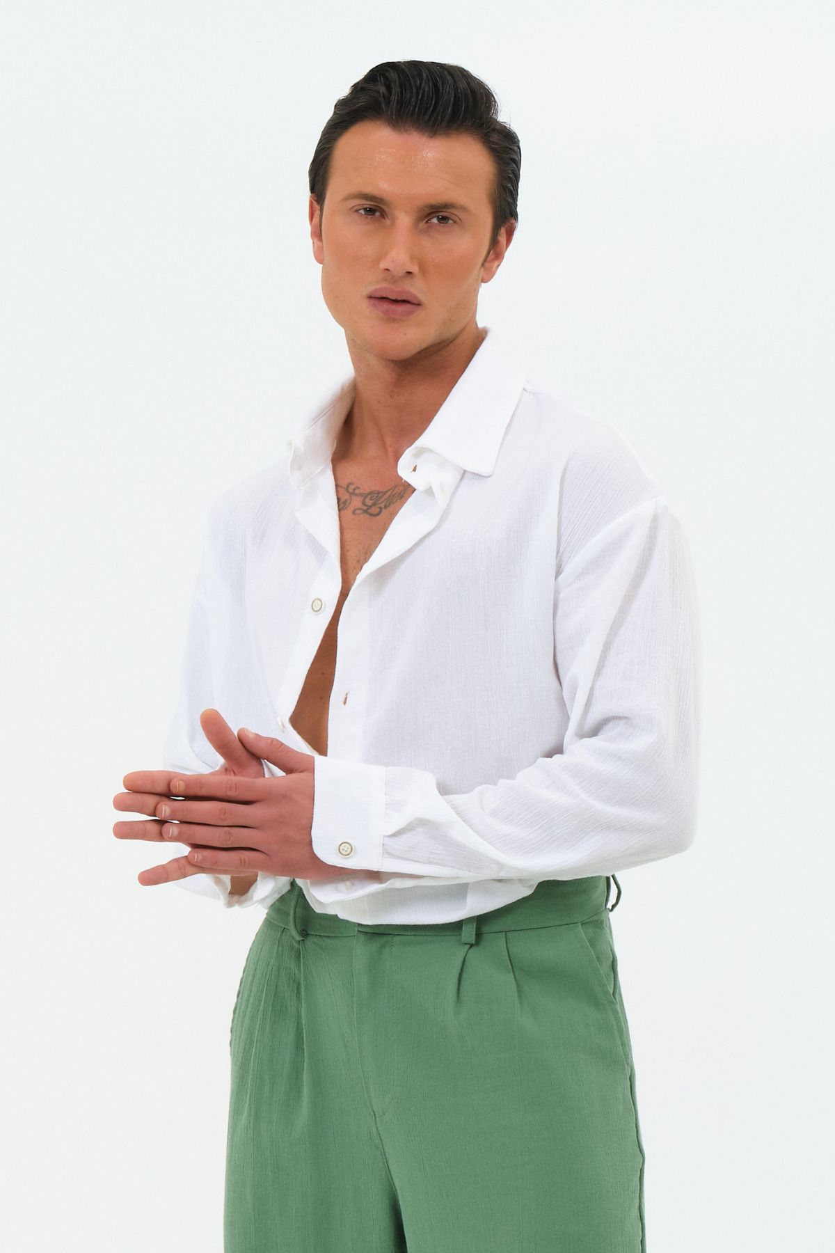 RELAXL %100 Pamuk Retro Yaka Uzun Kol Oversize Erkek Beyaz Gömlek