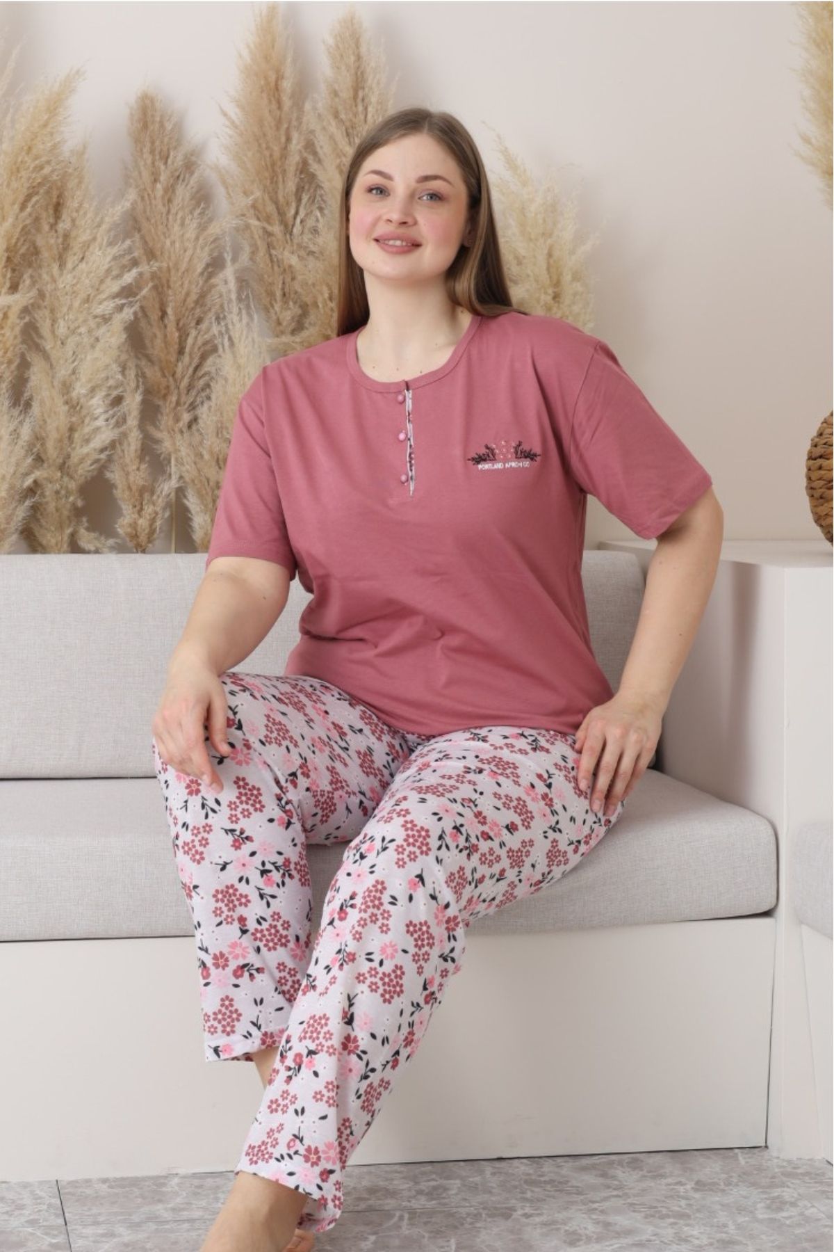 Farya Home X-Dreamy Büyük Beden Pamuklu Düğmeli Yaka Kısa Kollu Penye Pijama Takımı
