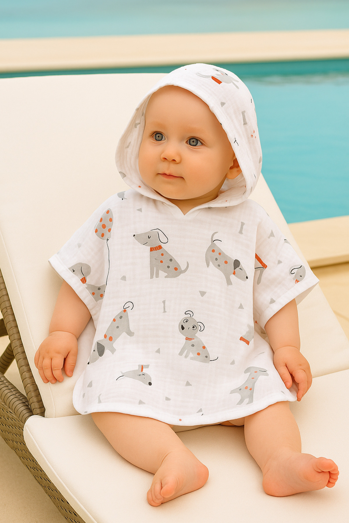 minial Organik Pamuk Müslin Kapşonlu Panço Plaj Deniz Banyo Çocuk Bebek Panço fotoğrafı 4 (önizleme)