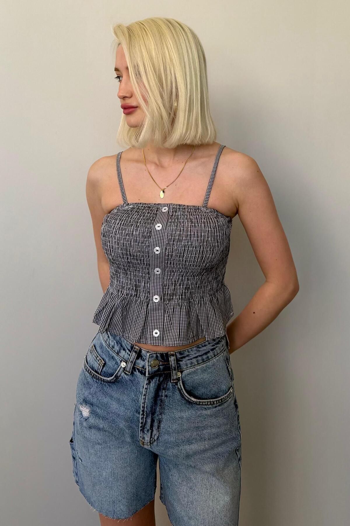 Madmext Siyah Ayarlanabilir Askı Pötikareli Crop Mg2371