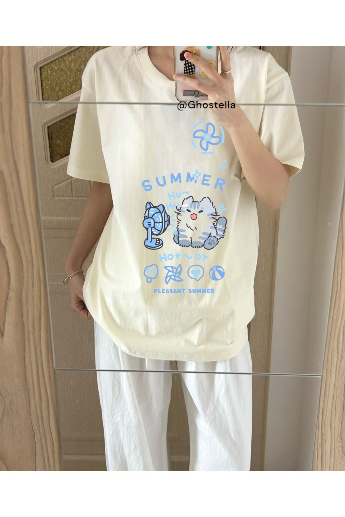 Minga London Bej Summer Cat Blue Ön Baskılı Unisex Oversize Tshirt - Ghostella