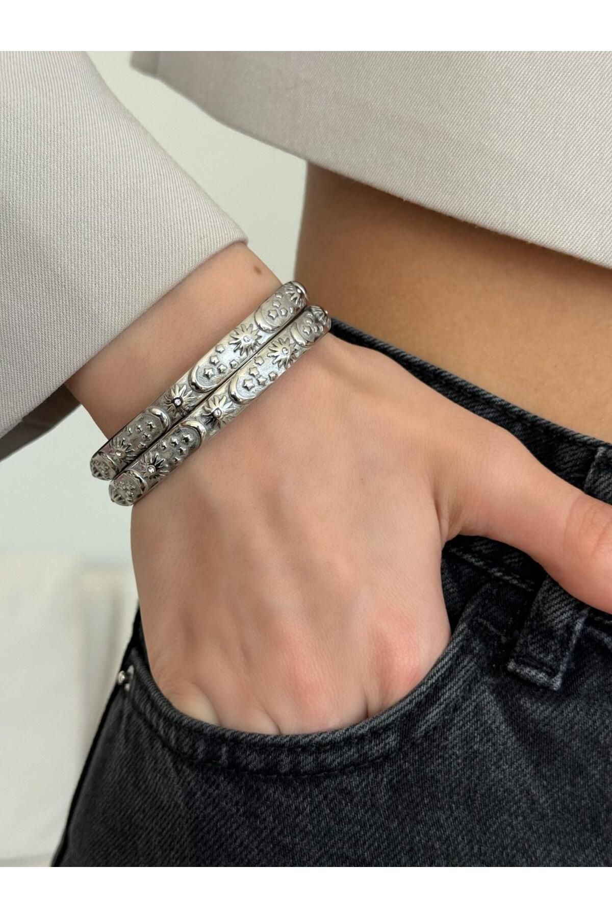 h&b design jewel Çelik Silver Güneş Hilal Detay Bileklik