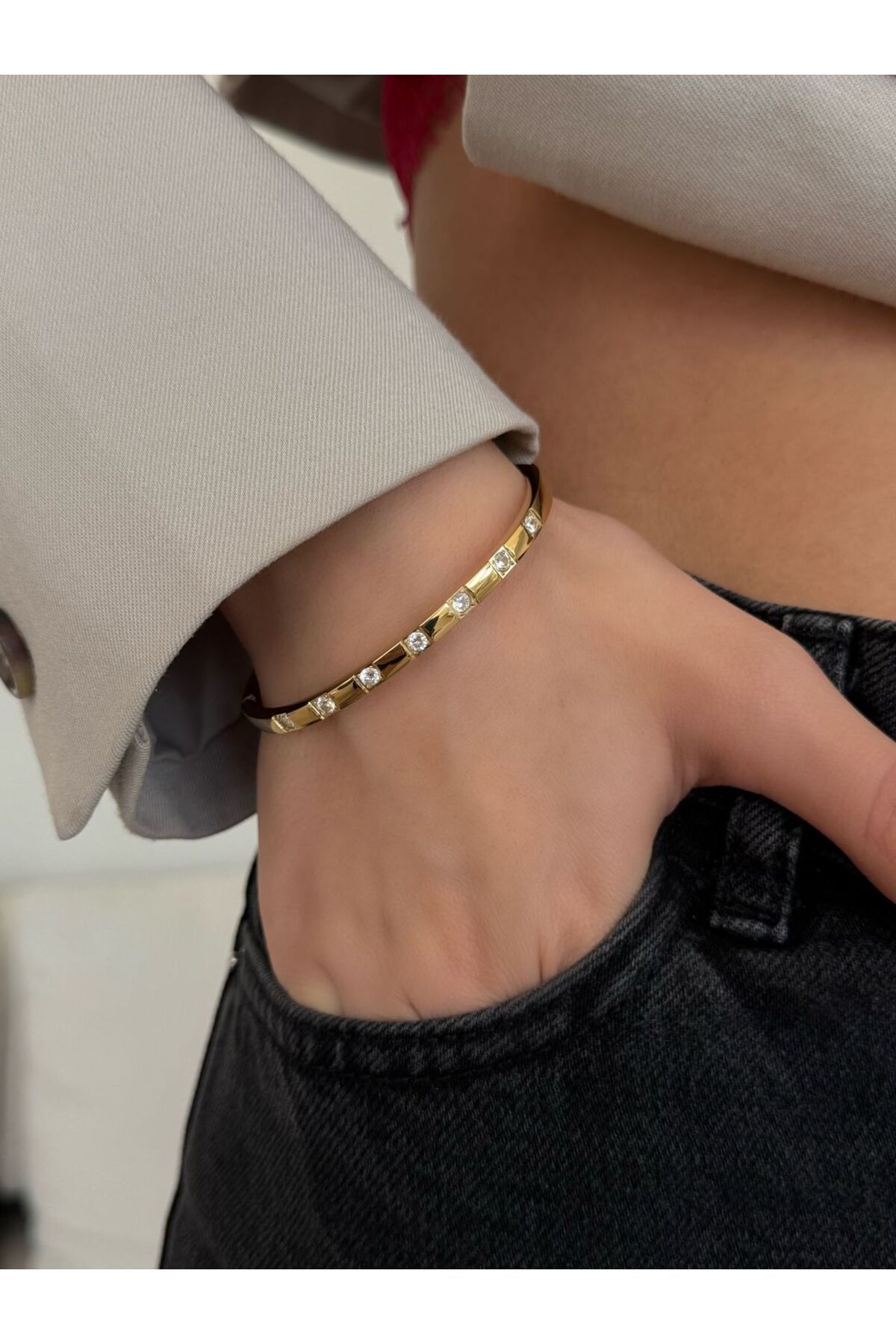 h&b design jewel Çelik Kare Taşlı Kelepçe Bileklik