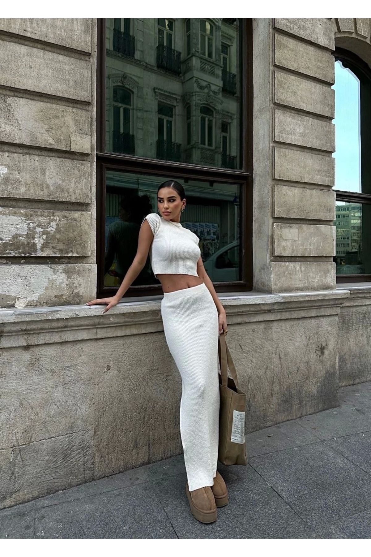 Pink Stil Bolerolu Boğazlı Uzun Elbise 2 Li Triko Takım - Beyaz