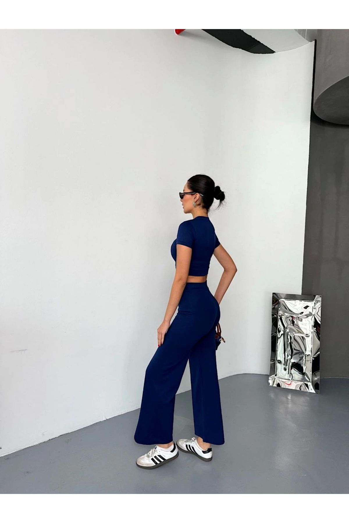 Pink Stil Osy Modal Yumuşak Dokulu Kumaş Kısa Kollu Crop Alt ispanyol Paça Pantalon ikili Takım - Lacivert
