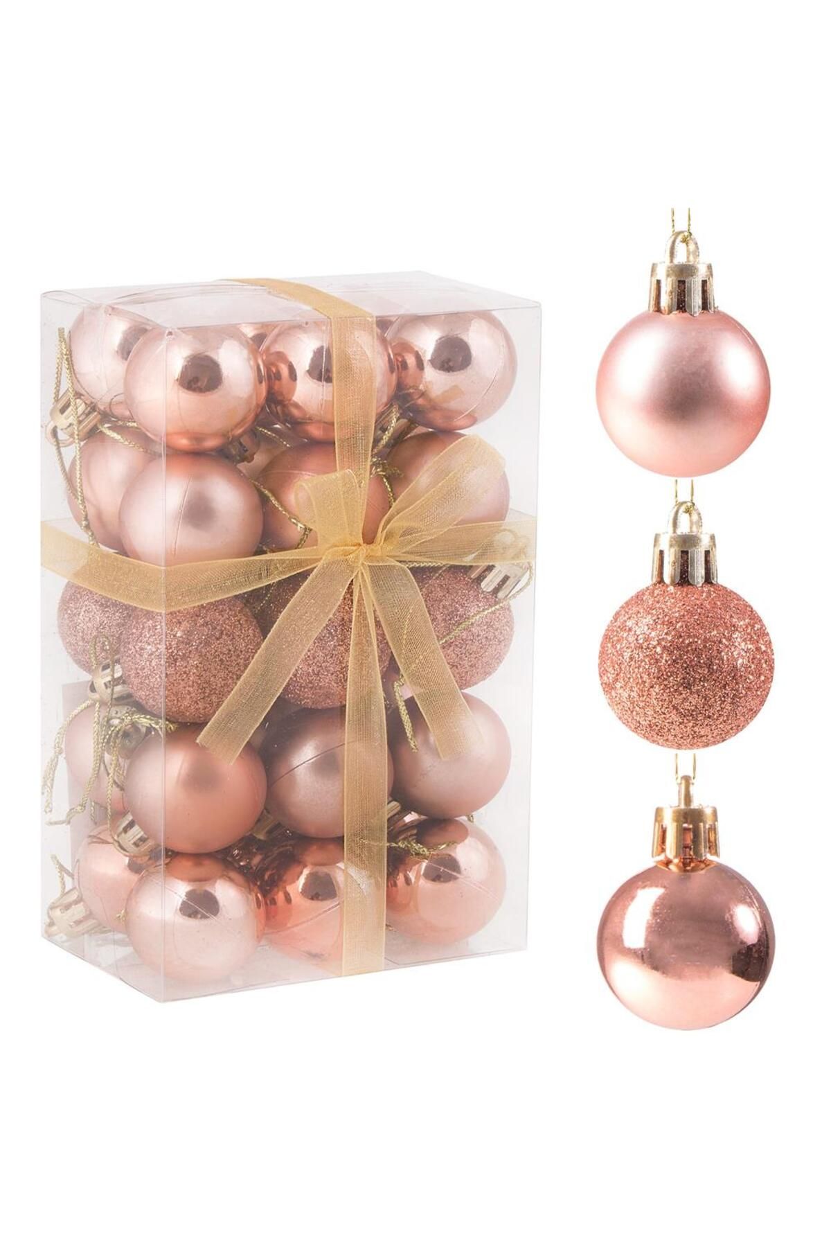 Springos-Set of 30 Christmas baubles, 3 cm, with string, matte, glitter, shiny, rose gold 6