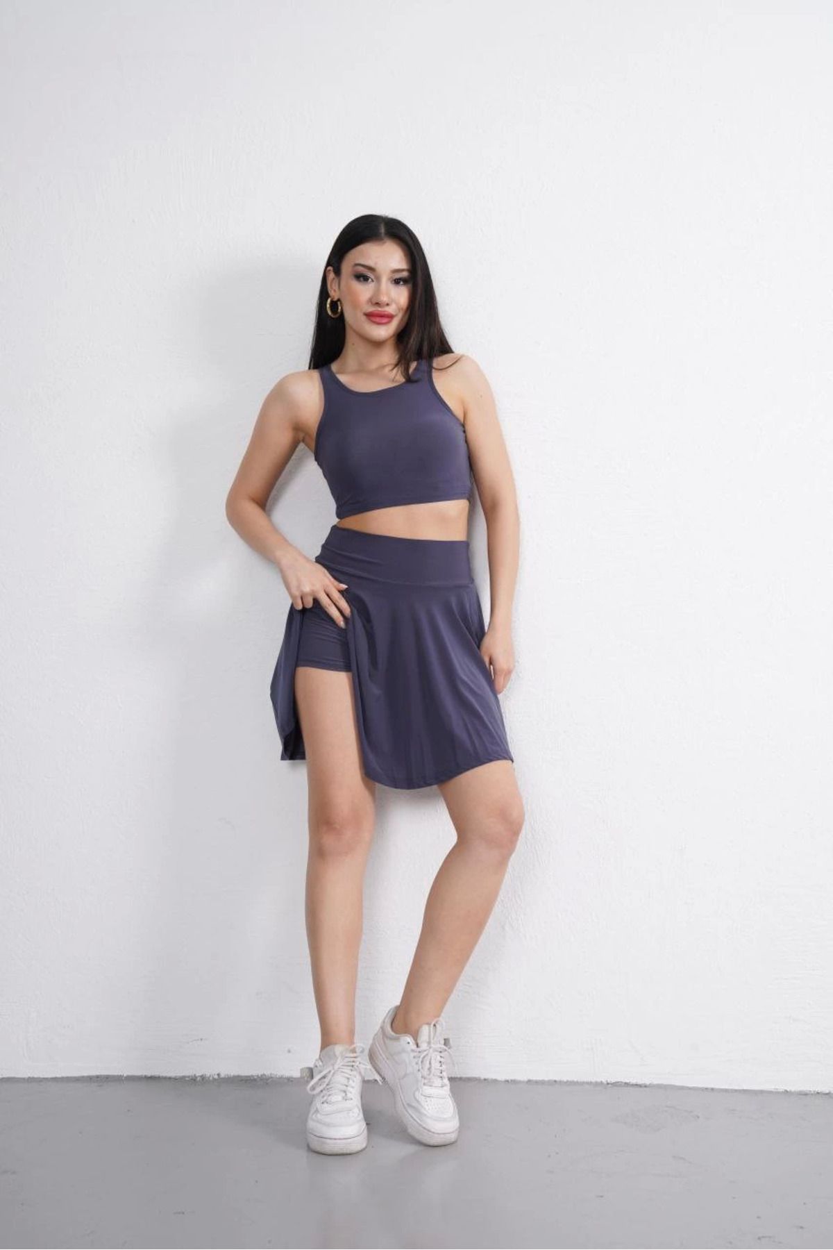 Pink Stil Sendy Kumaş Bisiklet Yaka Crop Şortlu Etek ikili Takım - Antrasit