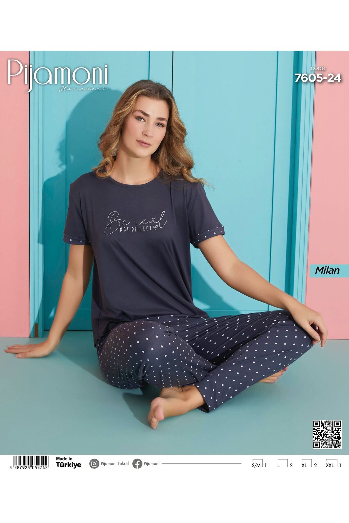 Pijamoni Bambu Milan Kumaş Antrasit Renkli Sıfır Yaka Kısa Kollu Kadın Pijama Takımı