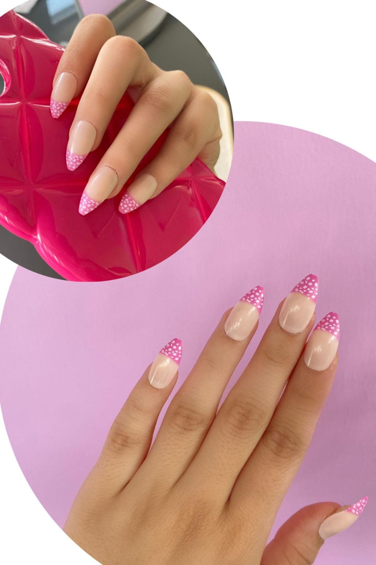 TAKIŞTIR Krem Ve Pembe Renk 12'li Takma Takma Tırnak (Yapıştırıcılı)
