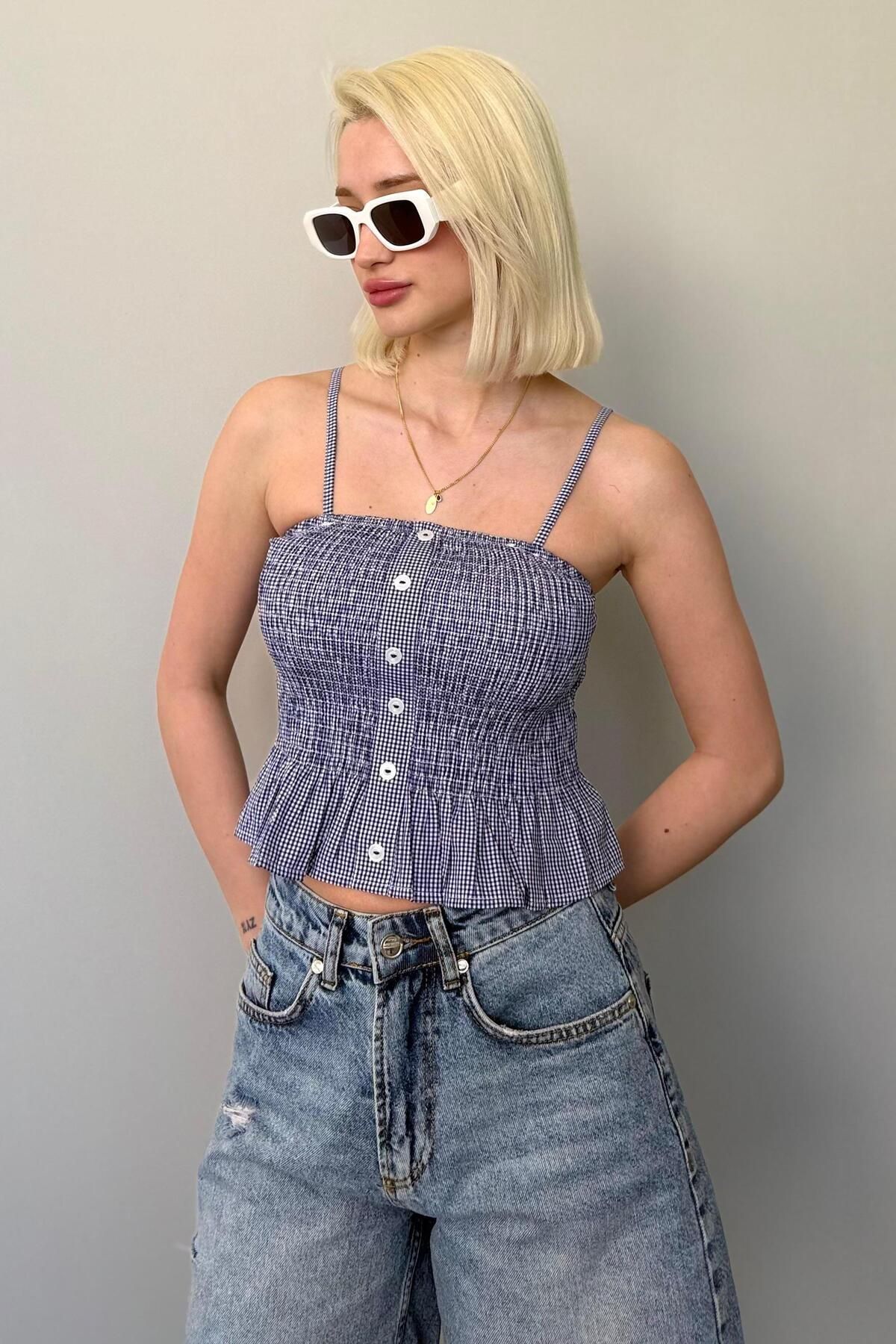 Madmext Saks Ayarlanabilir Askı Pötikareli Crop Mg2371