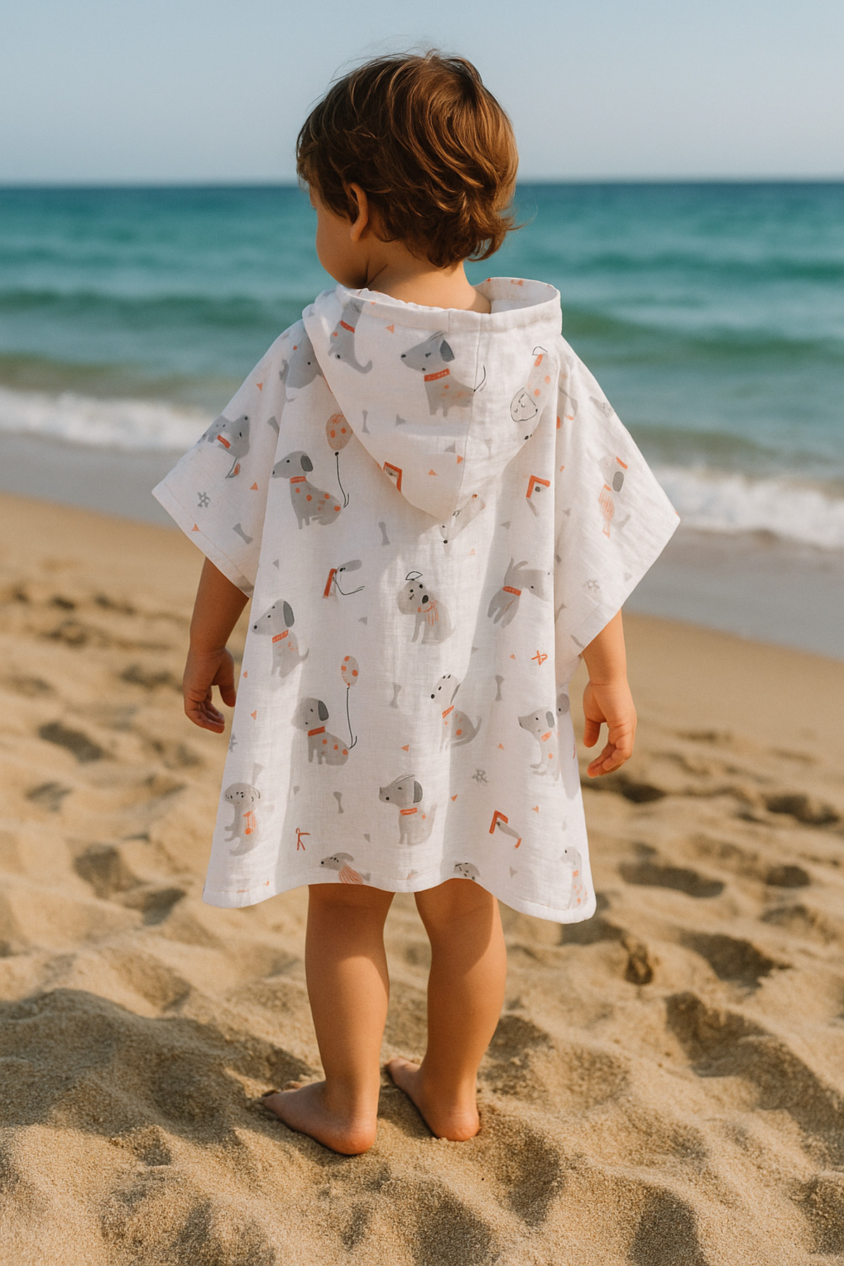 minial Organik Pamuk Müslin Kapşonlu Panço Plaj Deniz Banyo Çocuk Bebek Panço fotoğrafı 2 (önizleme)