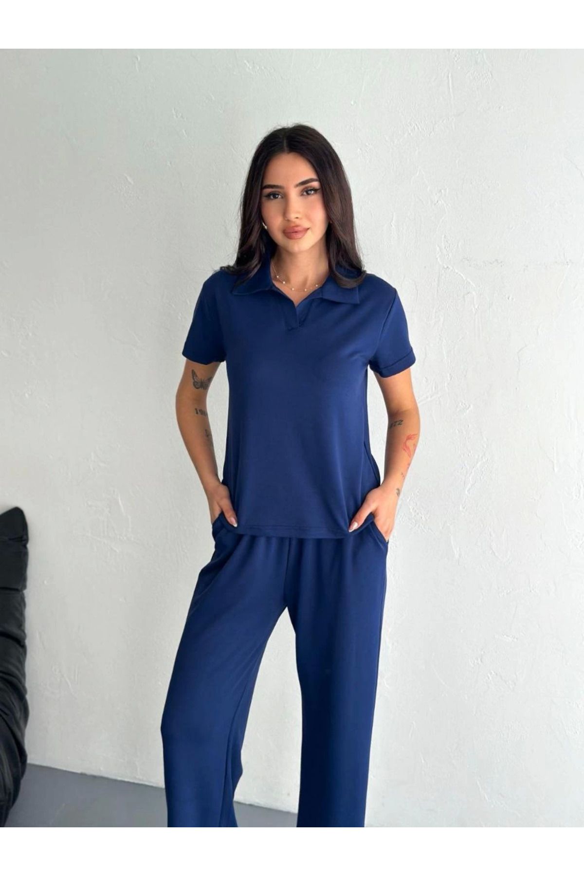 Pink Stil Osy Modal Yumuşak Dokulu Kumaş Kısa Kollu Yakalı T-shirt Pantalon ikili Takım- Lacivert