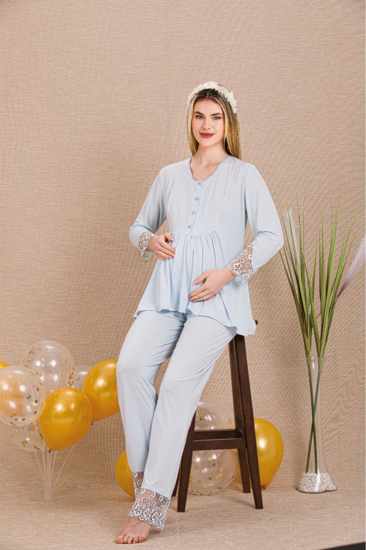 Lady Lingerie Kolları Ve Paçaları Tüllü,Uzun Kollu,Düğme Yakalı Lohusa-Hamile Pijama Takımı