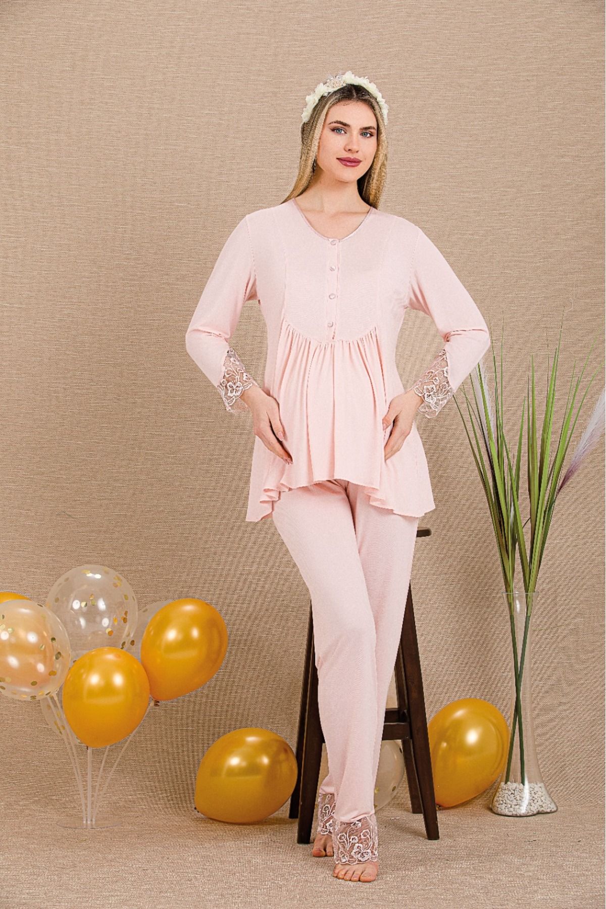 Lady Lingerie Kolları Ve Paçaları Tüllü,Uzun Kollu,Düğme Yakalı Lohusa-Hamile Pijama Takımı