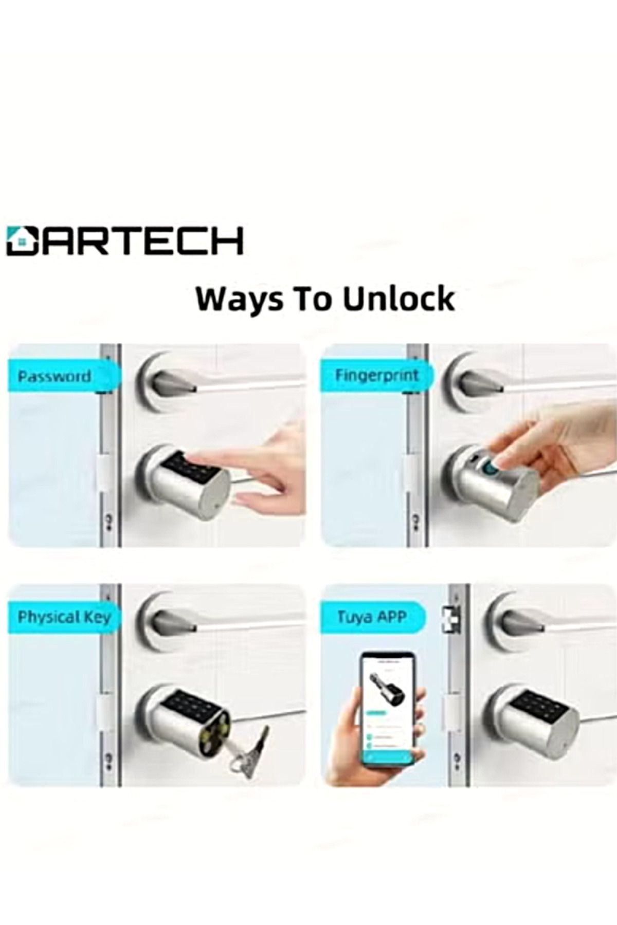 DarTech-Dartek Smart Lock with 4-Way Unlock with Fingerprint, Card & App Fits Any Door - Global Version & Smart Home System - Silver 4