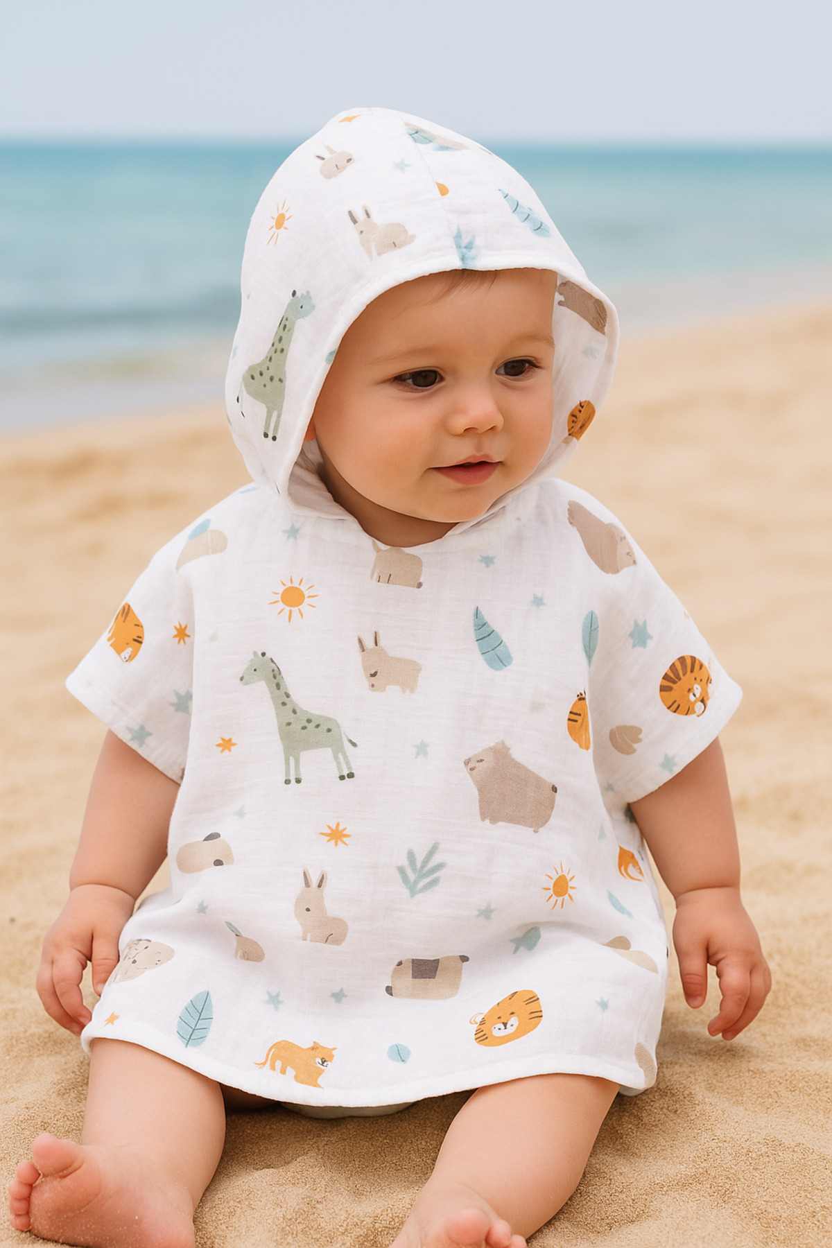 minial Organik Pamuk Müslin Kapşonlu Panço Plaj Deniz Banyo Çocuk Bebek Panço fotoğrafı 3 (önizleme)