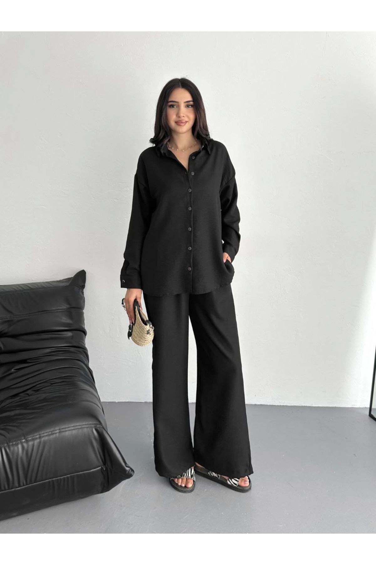 Pink Stil Gömlek Pantolon ikili Takım - Siyah