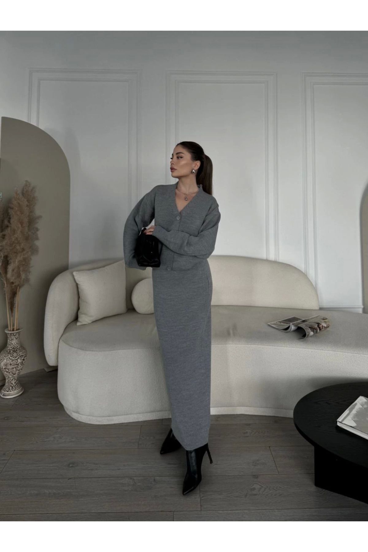 Pink Stil V Yaka 3 Düğmeli Hırka Takım Triko İkili Etekli - Gri