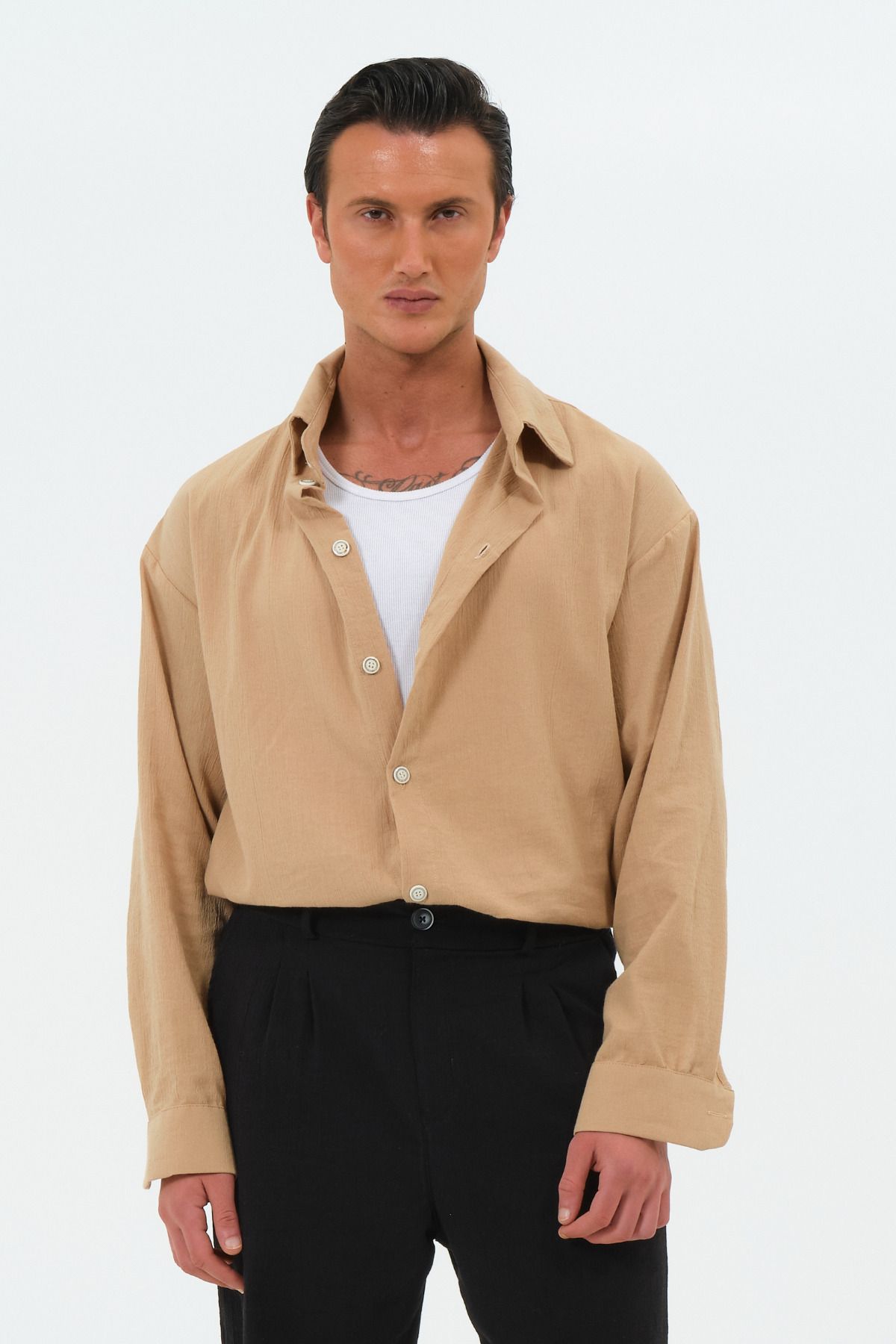 RELAXL %100 Pamuk Şile Bezi Vintage Yaka Oversize Bej Erkek Gömlek