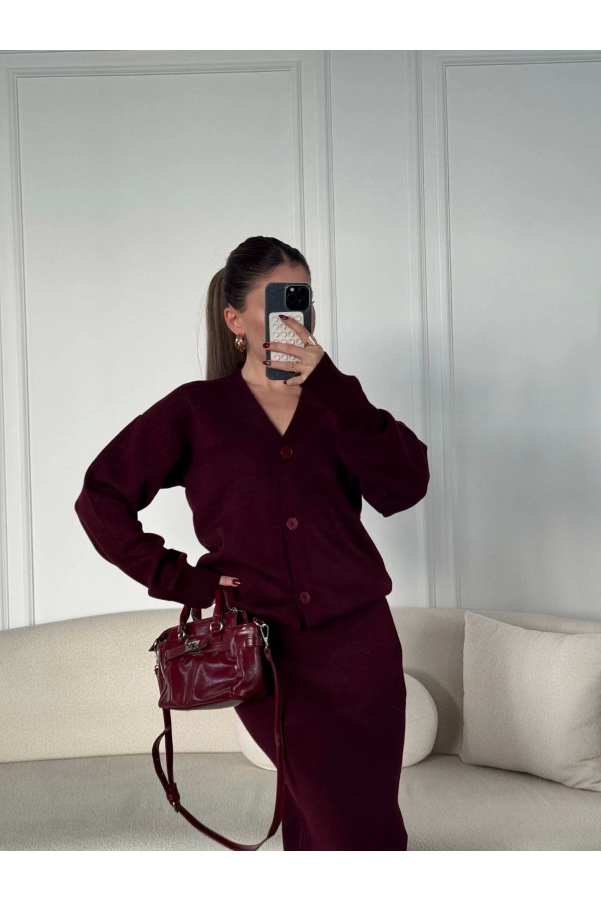 Pink Stil V Yaka 3 Düğmeli Hırka Takım Triko İkili Etekli - Bordo