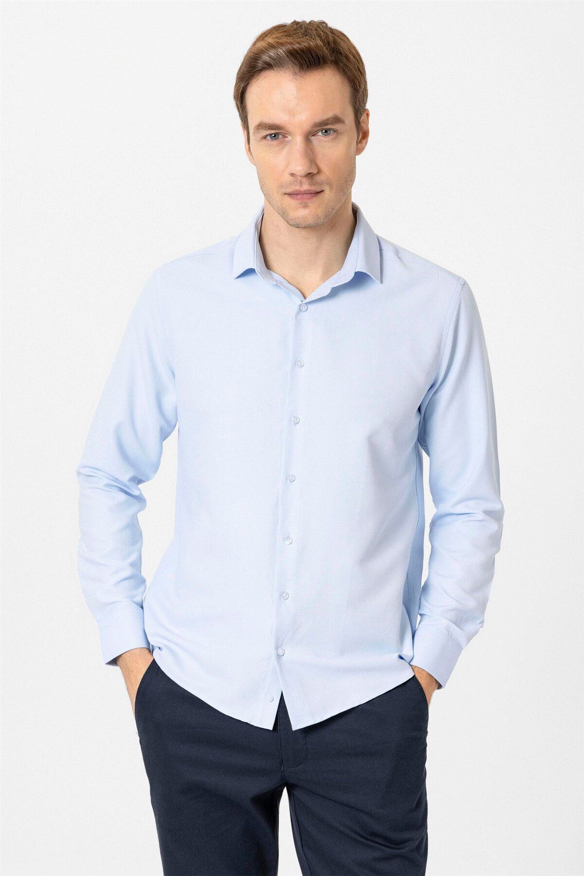 SÜVARİ Süvari Slim Fit Mikro Desenli Kolay Ütü Teri Emen Nefes Alan Kravat Yaka Dört Mevsim Erkek Gömlek