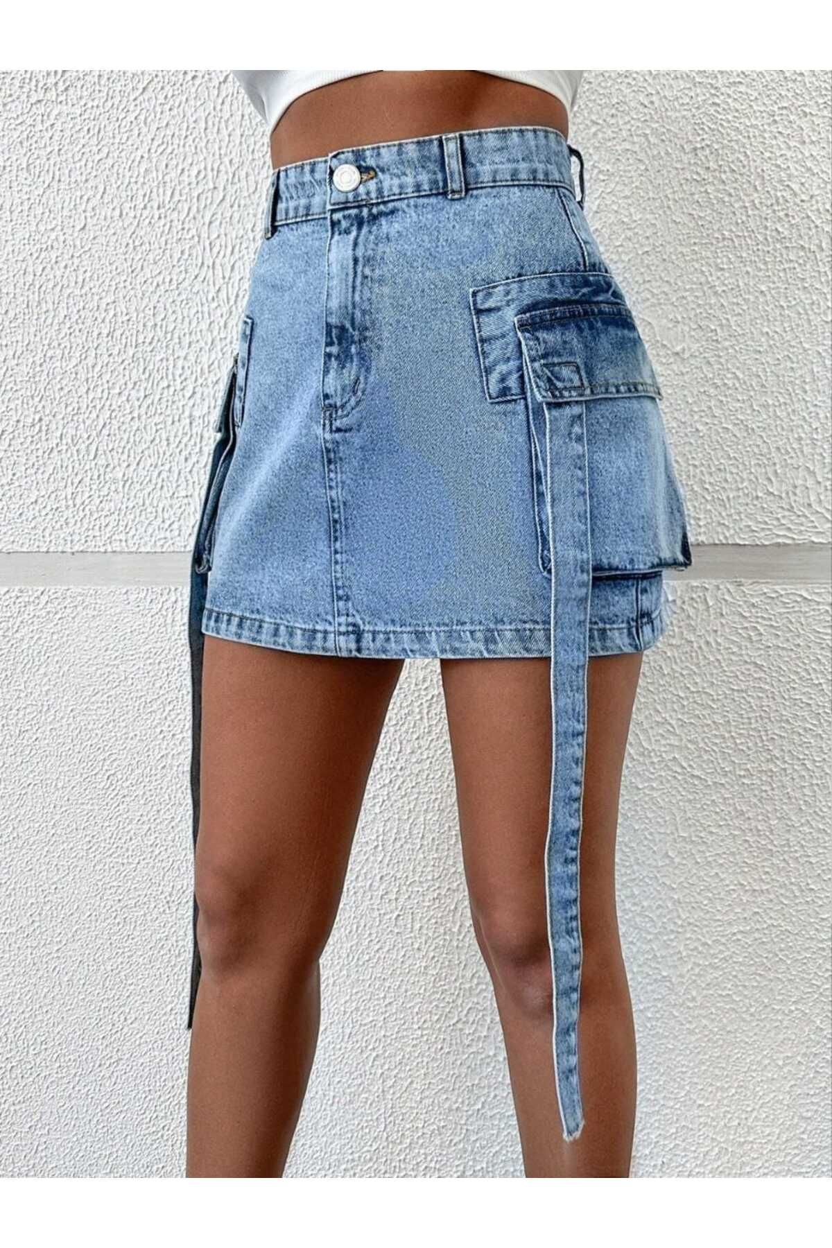 SHEVEGA-Women's Ice Snow Covered Belted Belted Bellow Pocket Denim Skirt 2