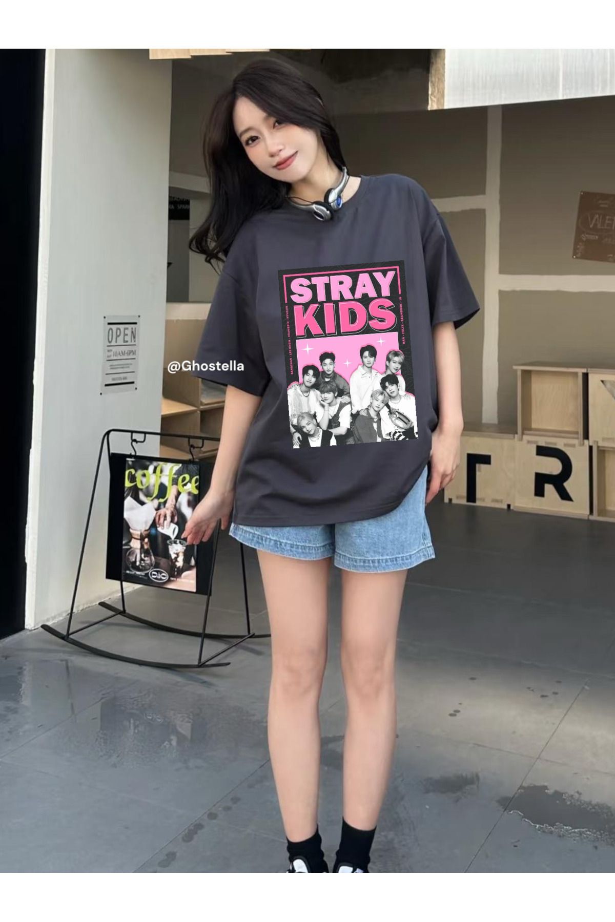 Minga London Füme Stray Kids Ön Baskılı Unisex Oversize Tshirt - Ghostella