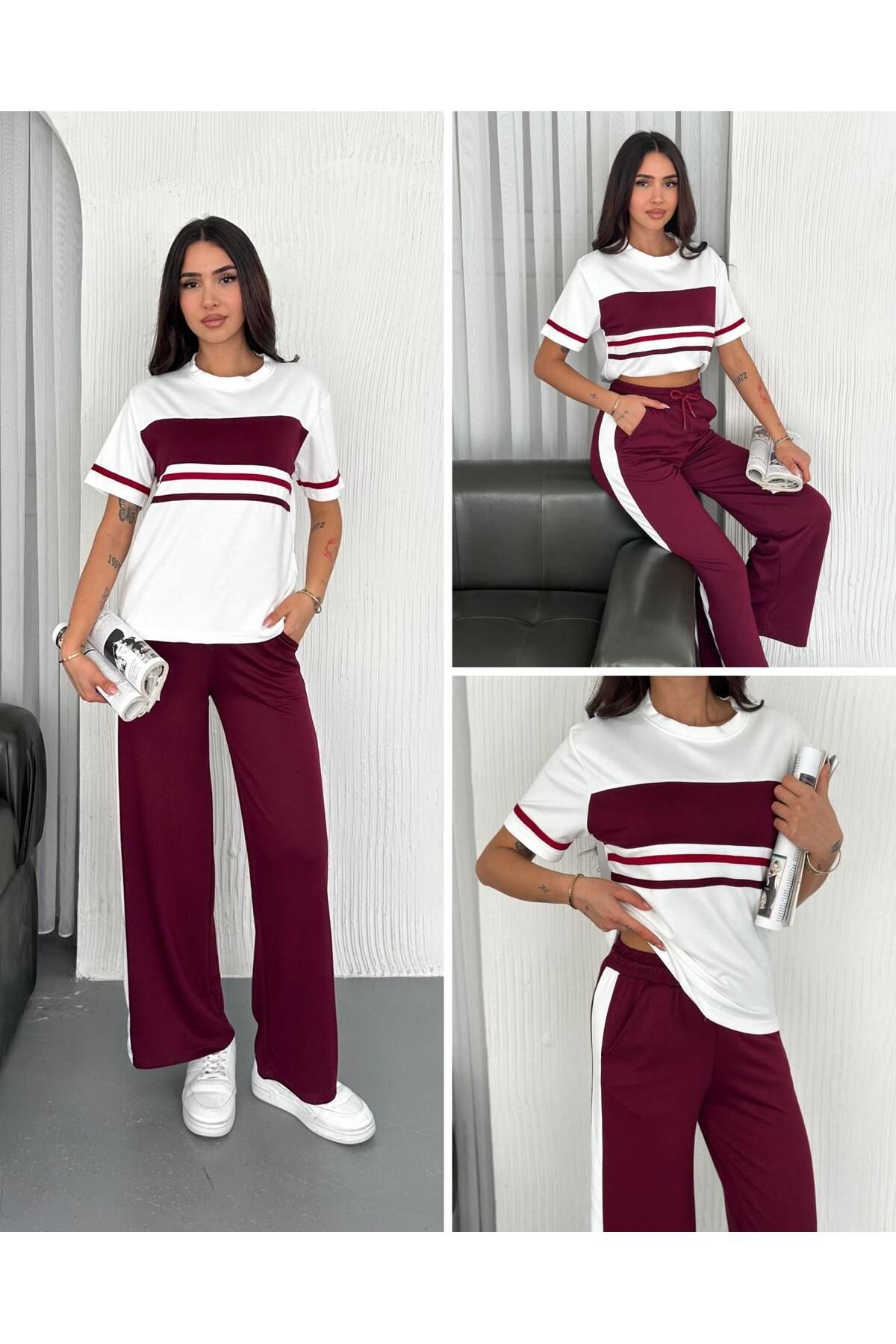 Güler Casual Şeritli İkili Eşofman Takımı Bordo Renk