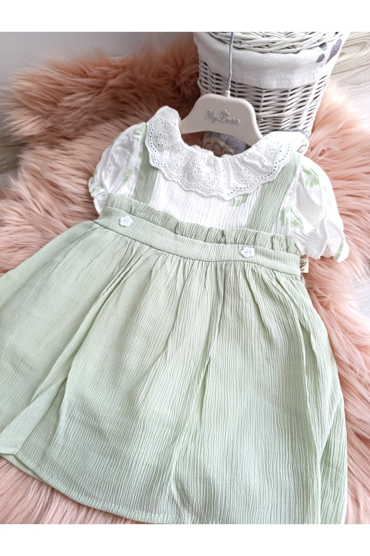 My Lusa Baby minilkabebe my lusa 3017 papatya düğmeli yakası güpürlü kız bebek elbise çağla yeşili fotoğrafı 2 (önizleme)