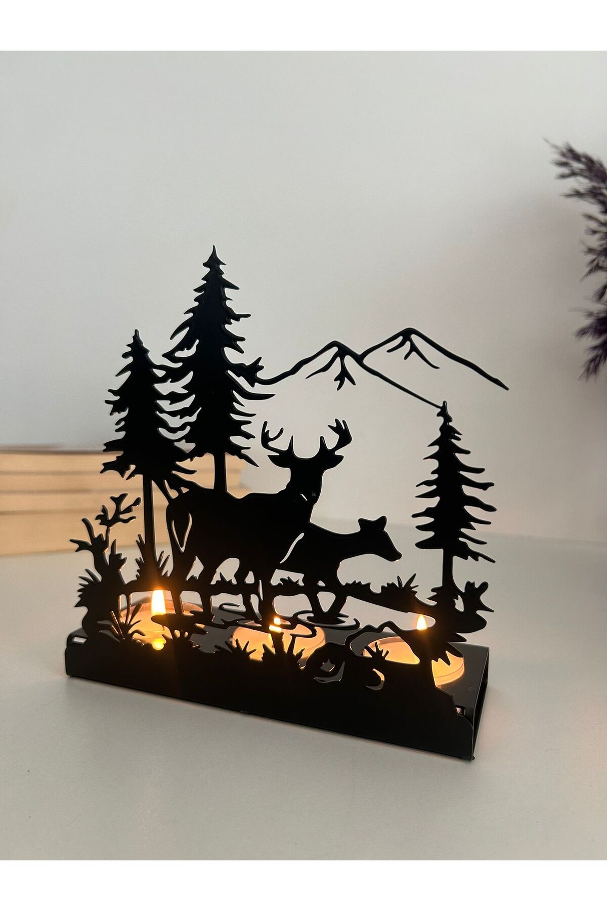 Alamer Decor Doğa ve Geyik Temalı Metal Mumluk