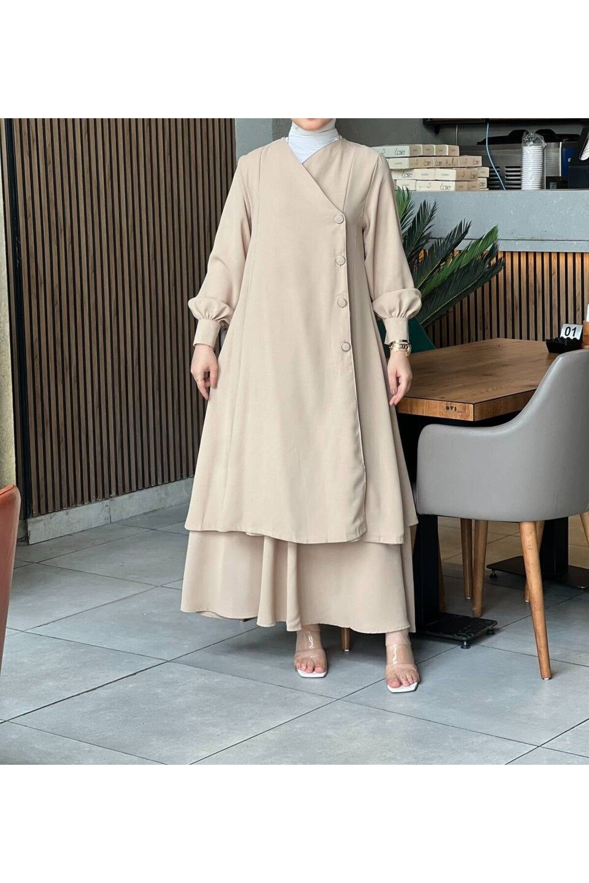 Esre Store 4530 - Etekli Tesettür İkili Takım Bej
