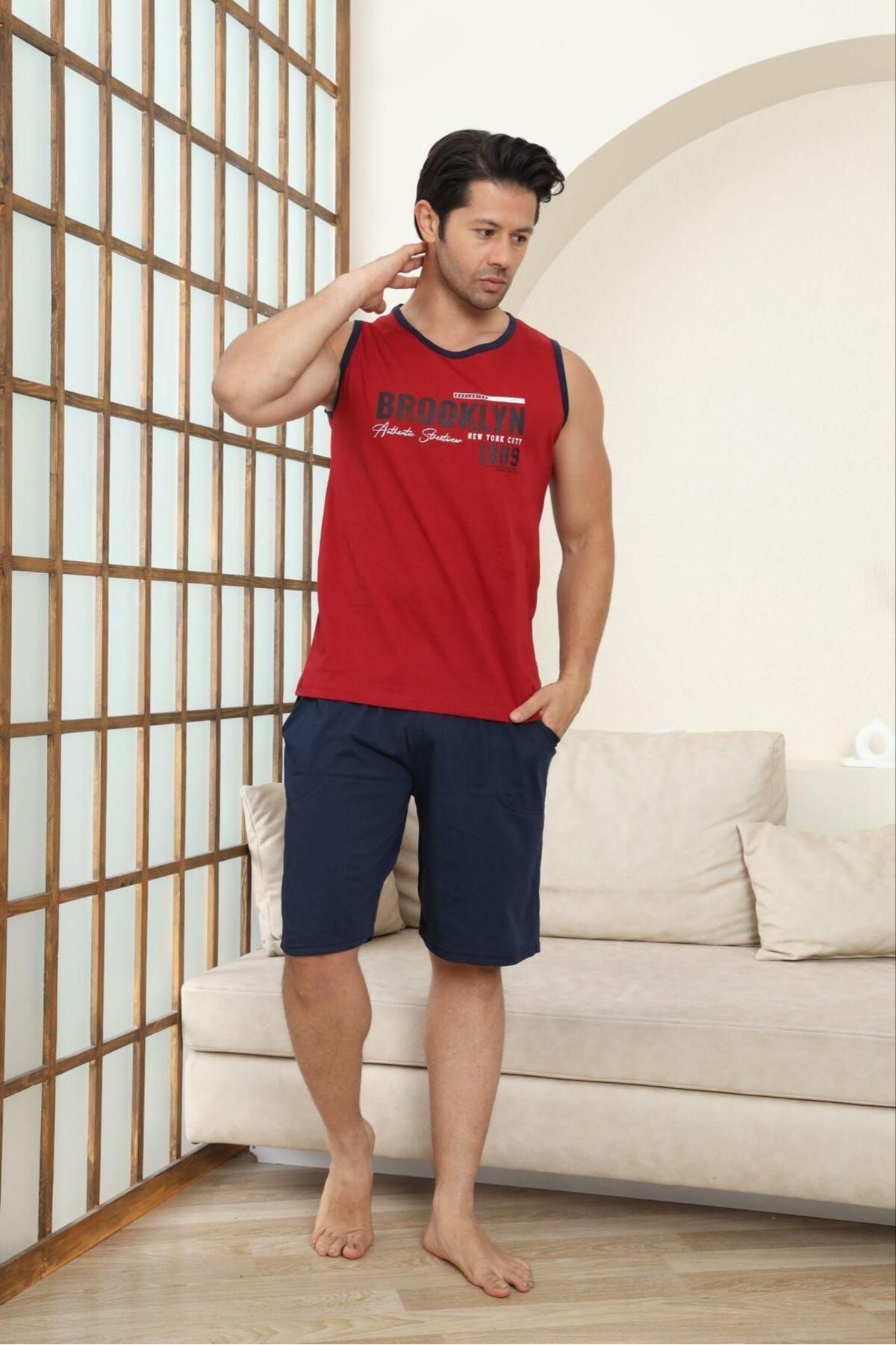 PİJAMUS Erkek Pamuklu Sıfır Kollu Şortlu Pijama Takımı