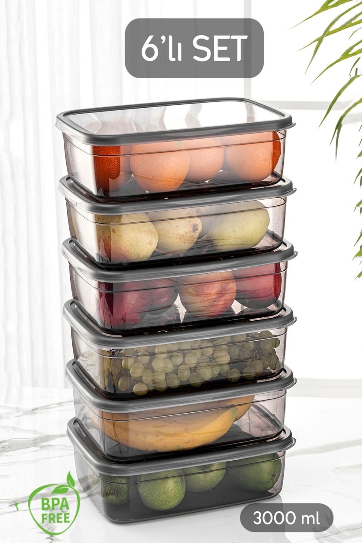 Tilbe Home 6lı Sızdırmaz Kapaklı Derin Dondurucuya Uygun Saklama Kabı Düzenleyici Gri Erzak Kabı Organizer 3Lt