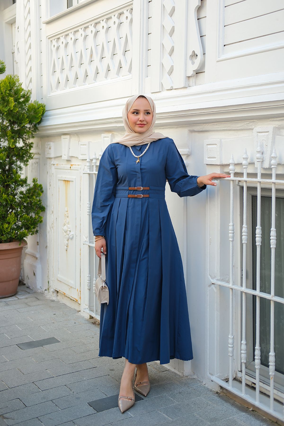 LOCCO Kadın Çift Kemer Bağlamalı Elbise Lacivert