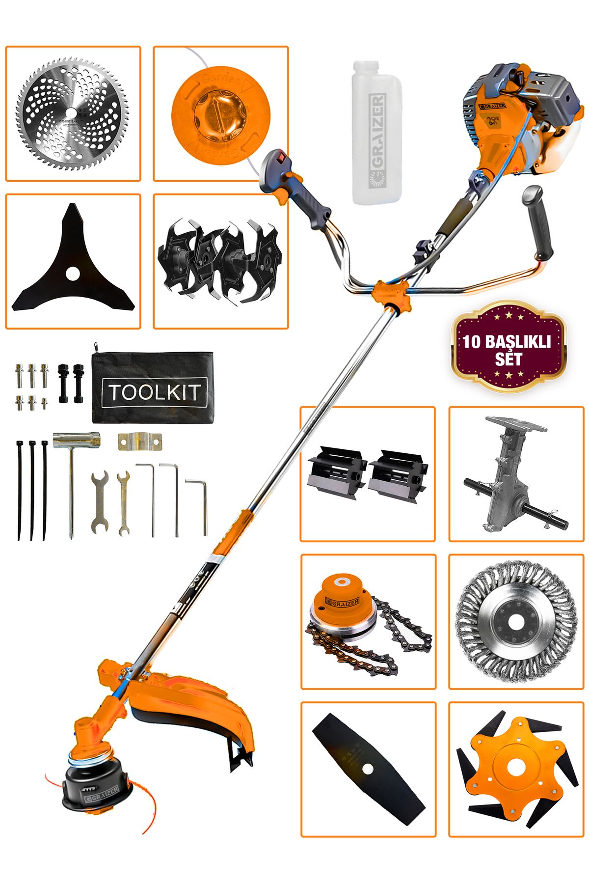 Graizer Powerforge 11 Başlıklı Set Yan Tipi Benzinli Motorlu Ot Çalı Tırpanı Çim Biçme Makinesi Tırpan-Trnc