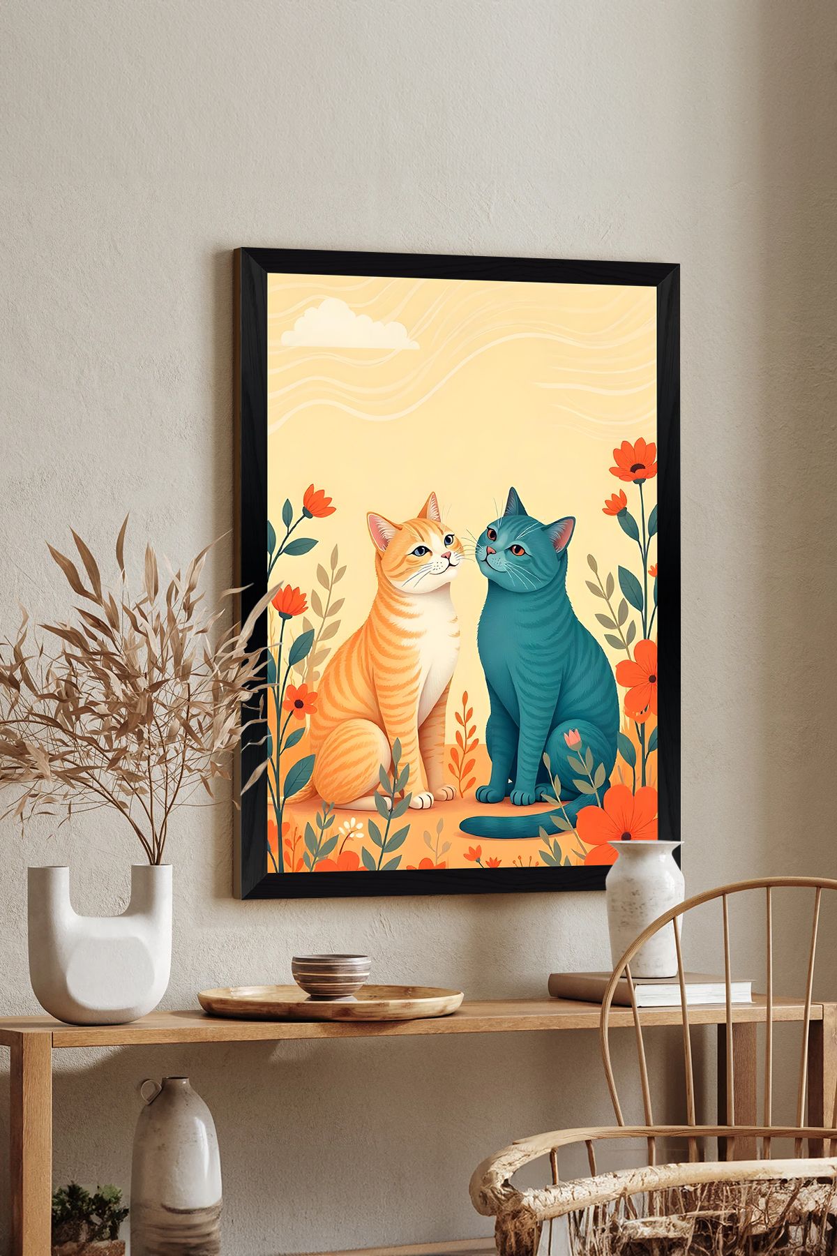 Artavessa Tek Parça Siyah Çerçeve Görünümlü Kedi Baskılı MDF 48x33 cm Tablo - Model 5